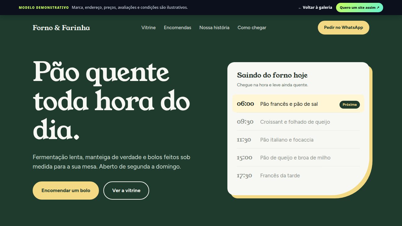 Prévia do site demonstrativo para padaria & confeitaria